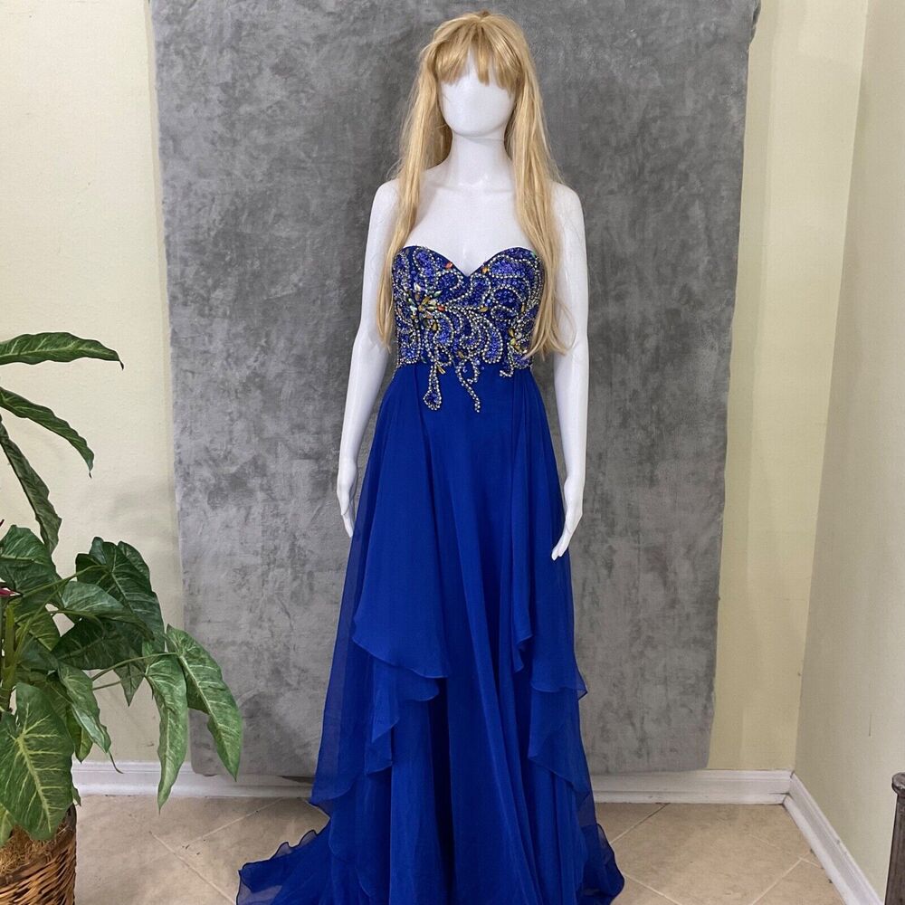 CINDERELLA PROM BALL GALA GOWN WOMEN’S 6 Blue RHINESTONES SWEETHEART SLEEVELESS